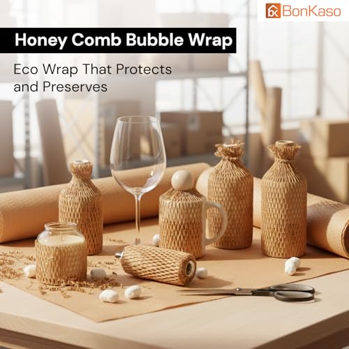 Image of BonKaso Honeycomb Paper Wrap Roll 100M x 15 Inch | 80 GSM Eco-Friendly Brown Packaging Roll | Cushioning & Shockproof Wrap for Fragile Items | Sustainable Packing Material for Shipping