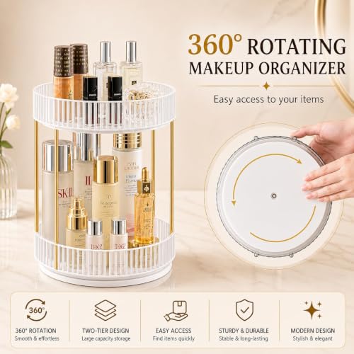 Image of MECHDEL Makeup Organiser Box with Drawers, Perfume, Cosmetic and Skincare Storage Stand, Dressing Table Organiser for Lipstick, Nail Polish (360 Rotating-Transparent White, 3 Tier)