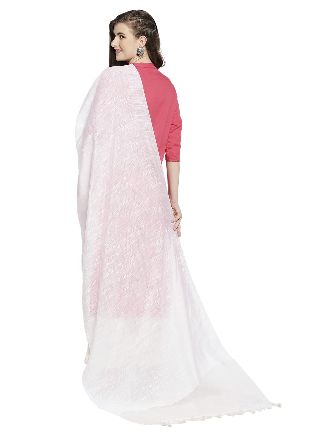 DUPATTA BAZAAR Women's White Linen Dupatta With Organza Border And Tassels, Free Size - Image 6 thumbnail