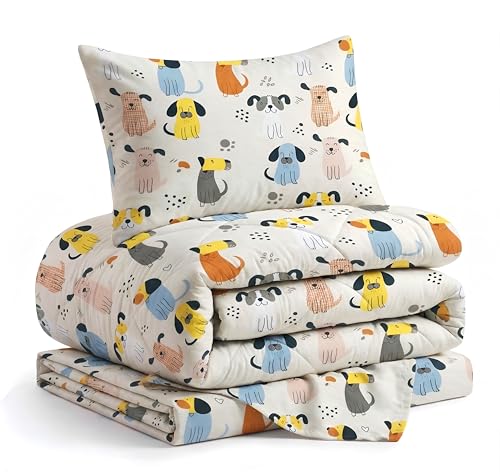 Image of VAS COLLECTIONS Single Bed Comforter Set 220 GSM Microfiber | Ultra Soft AC Comforter with Flat Bedsheet (60x90 Inches) & 1 Pillow Cover | 3 Pc Bedding Set (Puppy Print) | 3 Pc Bedding Set