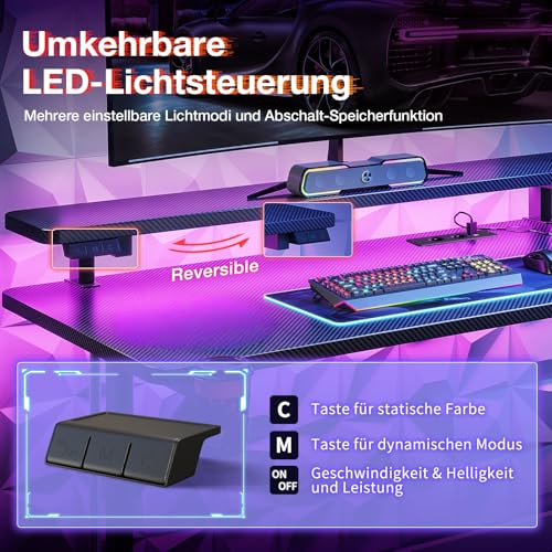 ODK Gaming Tisch, Kleiner Gaming Schreibtisch mit LED Beleuchtung & Steckdosen, Computertisch mit Monitorablage, Carbon Fiber Schwarz PC Gamer Tisch 100cm – Bild 6