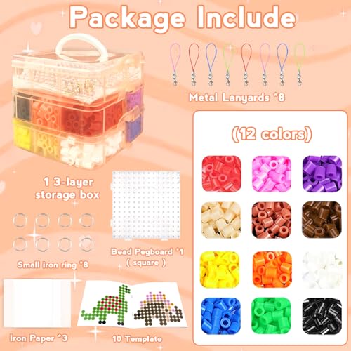 10MM Bügelperlen Set,12 Farben Steckperlen mit Aufbewahrungsbox, Bügelperlen Platten, Bügelpapier, Muster… – Ansicht 2