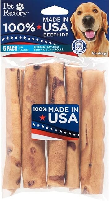 Pet Factory 100% Made in USA Beefhide 5" Chip Rolls Dog Chew Treats - Chicken Flavor, 5 Count/1 Pack