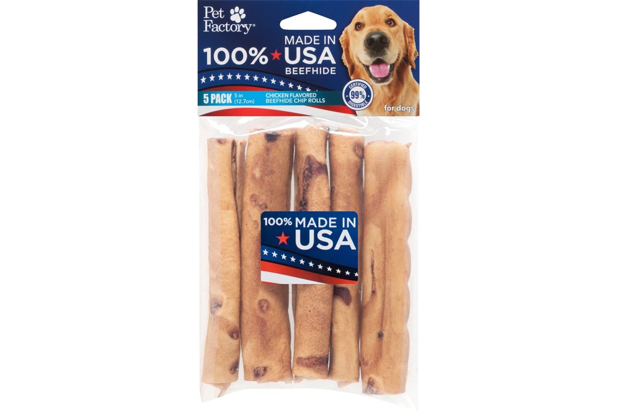 Pet Factory 100% Made in USA Beefhide 5" Chip Rolls Dog Chew Treats - Chicken Flavor, 5 Count/1 Pack