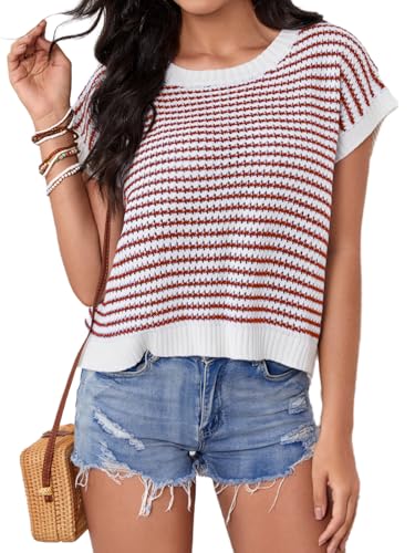 Image of Milumia Women's Striped Short Sleeve Sweater Vest 2025 Summer Cap Sleeve Pullover Tank Top