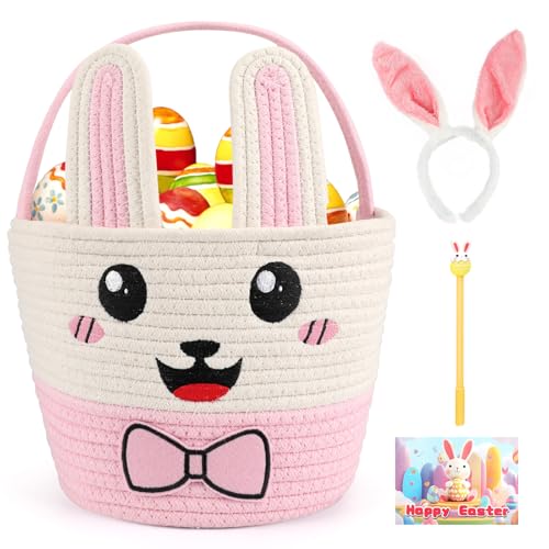 Easter Bunny Basket for Kids, Large Capacity Easter Egg Fillable Basket with Handle, Bunny Ears Colorful Woven Baskets for Boys, Girls, and Babies, Perfect for Easter Egg Hunts, Party, and Gift Giving