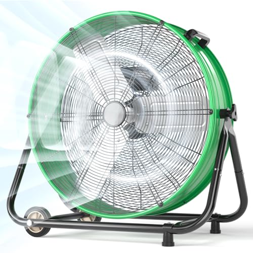 Image of LifePlus 24 Inch Industrial Drum Fan, 320W High Velocity Floor Fan, 3 Speed Heavy Duty Metal Air Circulator, 360 Tilt with Casters Handle ETL Standard for Patios, Warehouse, Commercial, 8900CFM