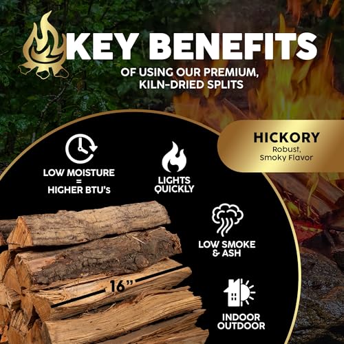 Firewood Central Kiln-Dried PA Hickory – 16” Splits (Approx. 38 lb) – Long Burn, Smoking Wood for Cooking, Grills & Fire Pits – Easy Light, Low Smoke, USA-Sourced