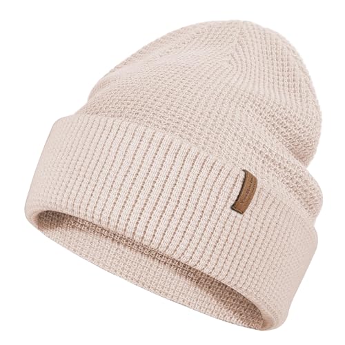 Warm Winter Beanie for Men & Women, Soft Merino Wool Blend Knit Hat, Slouch or Cuffed Style for Ski, Hiking & Outdoor Gift Warm Beige