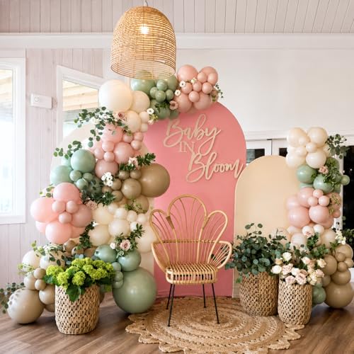 Image of Pink and Green Balloons, 12 Inch Sage Green and Light Pink Gold White Balloons for Easter Birthday Bridal Shower Baby in Bloom Baby Shower Decorations