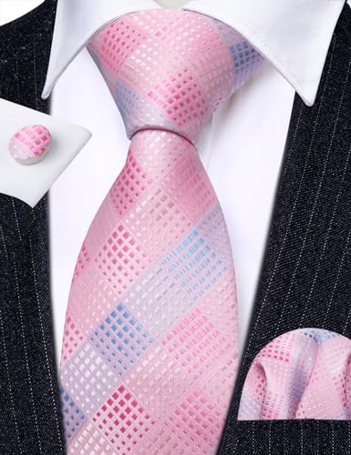 Image of Barry.Wang Plaid Ties Check Mens Necktie Set with Handkerchief Cufflinks Classic Stripe