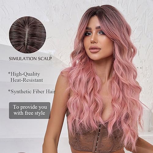OUFEI Ombre Pink Wigs for Women Long Curly Wig with Bangs Synthetic Hair Heat Resistant Wigs for Daily Party Cosplay Wear - Image 3