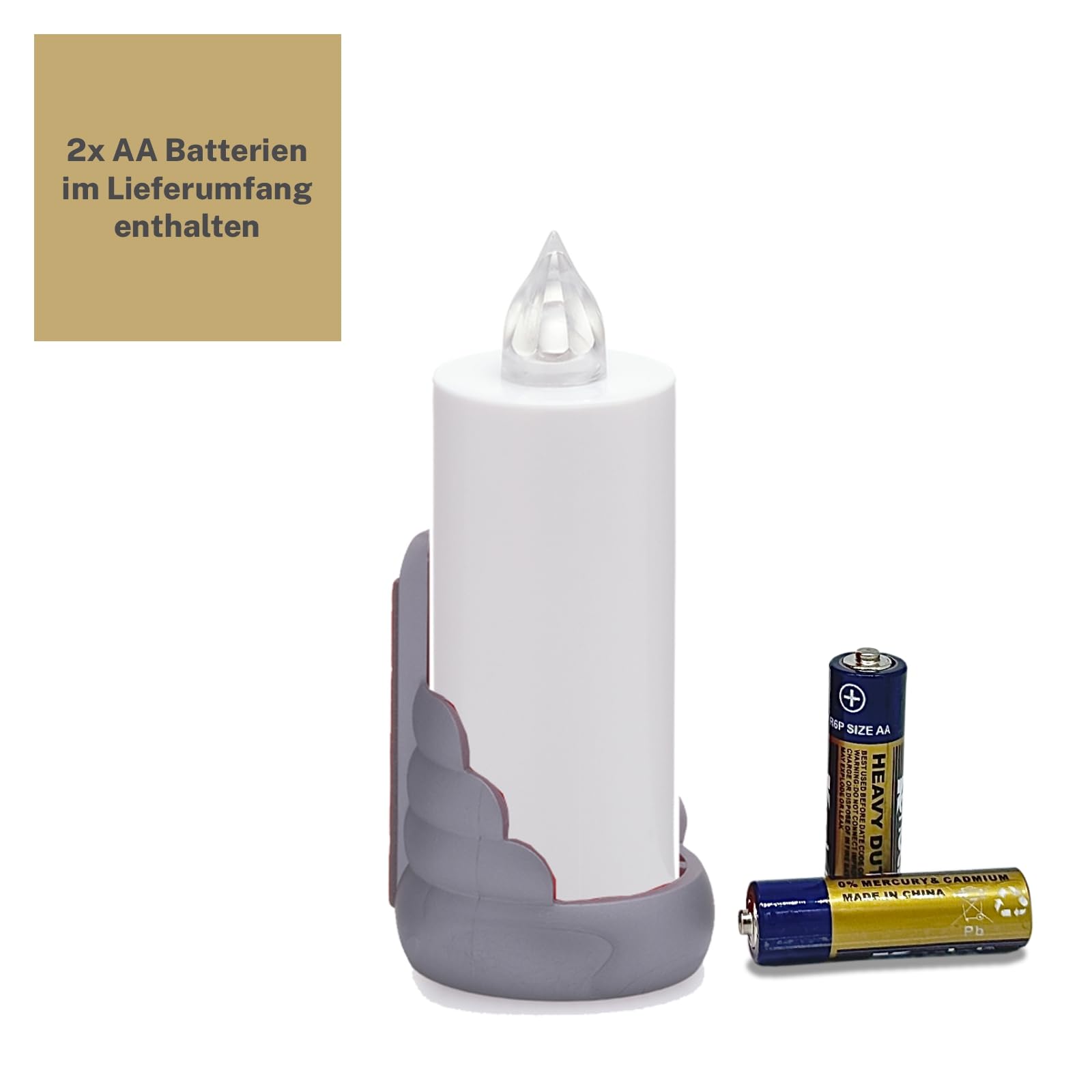AROBA 2x LED Grabkerze Trauerlicht - Flackereffekt wie echte Kerze - lange Brenndauer bis 60 Tage - wiederverwendbar Friedhofskerze Gedenkkerze Dauerkerze - weiß Silber