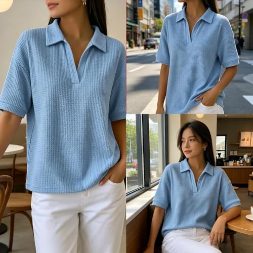 Polo décontracté col en V pour masquer les complexes avec un tricot gaufré ample - 6