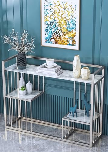 Image of Modern Console Table for Living Room, Entryway Console Table with Faux Marble Top, Metal Frame Sofa Table, Narrow Hallway Table, Luxury Accent Table for Bedroom, Office & Home Decor (White Grey)