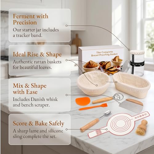 Cesta de fermentación para pan de masa madre, kit de panadería con banneton y útiles 6