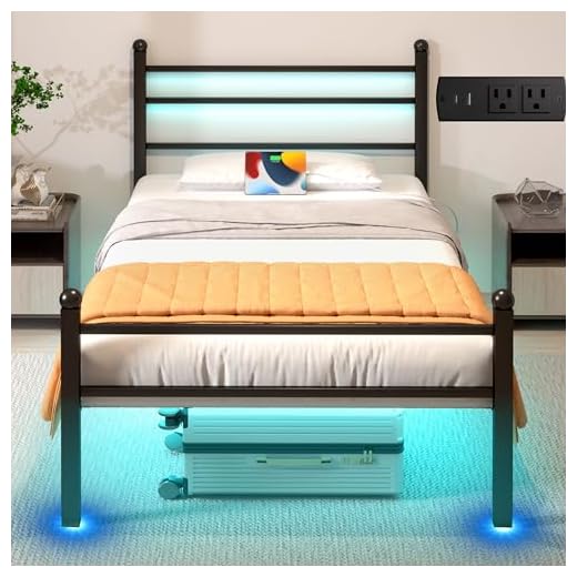 J.Fkne Twin Bed Frame with LED Lights & Charging Station, Metal Platform Bed with Headboard, Heavy Duty Metal Slats, No Box Spring Needed, Noise Free, Easy Assembly, Black