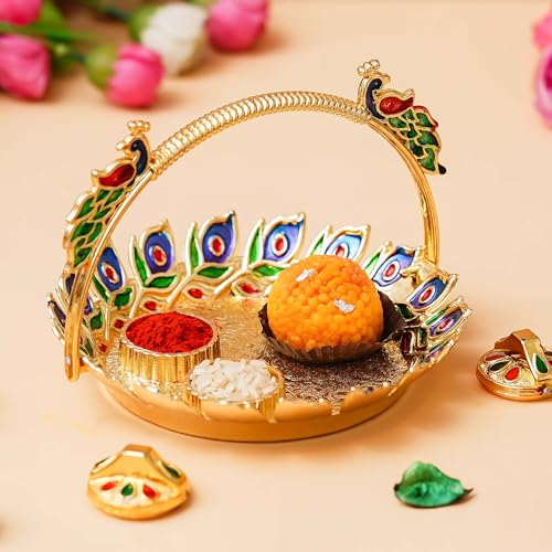 Image of eCraftIndia Peacock Decorative Pooja Thali for Diwali, Navratri, Karwa Chauth, and Puja Celebrations - Diwali Decoration Items for Home Decor