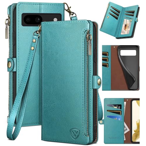 XcaseBar for Google Pixel 8A Wallet case with Zipper Credit Card Holder【RFID Blocking】, Flip Folio Book PU Leather Phone case Shockproof Cover Women Men for Pixel 8A case Blue Green