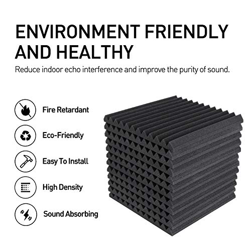 Focusound 24 Pack Acoustic Foam Panels 1\" x 12\" x 12\" Sound Proof Foam Panles Soundproofing Noise Cancelling Wedge Panels for Home Office Recoding Studio with 240PCS Double-Side Adhesive