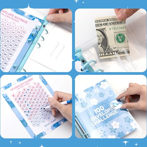 100 Envelope Saving Challenge,Sparbinder,A5 Budgetplaner,Ringbuch A5 mit Challenge Tracker+Pre-numbered Taschen,Briefumschläge Challenge Binder,Sparen für Budget Binder Schule,Zuhause-Blau