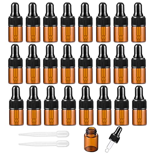 Alledomain 24Pcs, 2Ml Amber Glass Sample Dropper Bottles, Empty Mini Bottles with Dropper Pipettes Black Cap Refillable Small Sample Vials Container for Essential Oil Perfume Cosmetic Liquid