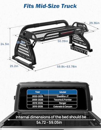 Image of JOYTUTUS Roll Bar with Cargo Basket & Brake Light for Mid-Size Truck, Extendable Chase Rack Pickup Sports Bar Compatible with Tacoma, Gladiator JT