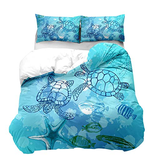 Loussiesd Turtle Duvet Cover Set Double Size 3D Print Sea Animal Bedding Set Blue Starfish Comforter Cover Soft Microfiber Polyester with 2 Pillow Shams