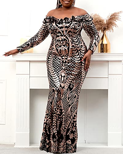 Women's Plus Size Sequin Dress Off Shoudler Long Sleeve Party Prom Formal Mermaid Maxi Dresses Gowns Gold #TOP2