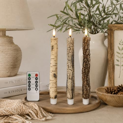 Image of LED 9.84 inch Flameless Taper Candles with Tree Bark Effect Battery Operated Real Wax Flickering Candlesticks with Remote Control and Timer Rustic Primitive Lights Decor Vintage Candles, Pack of 2