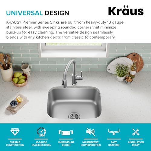 Image of Kraus 23 Inch Stainless Steel Kitchen Sink, Durable 18 Gauge Single Bowl Kitchen Sinks Undermount, KBU12
