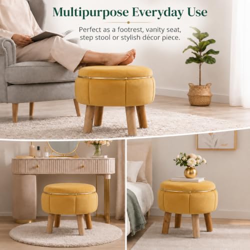 Image of Velvet Upholstered Round Ottoman Footstool | Anti-Slip Feet | Multipurpose Footrest, Step Stool & Vanity Seating & Decor | 40 x 30 cm (16 x 12 Inch) | Yellow
