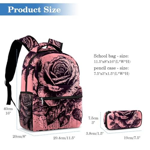 Sac à dos et trousse à crayons au design rose et rose noire multicolore