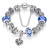 Bamoer Queen European Style Blue Snow Murano Glass Bead Heart Love Dangle Charm Bracelets Jewelry Gift for Women Girls 18cm (7