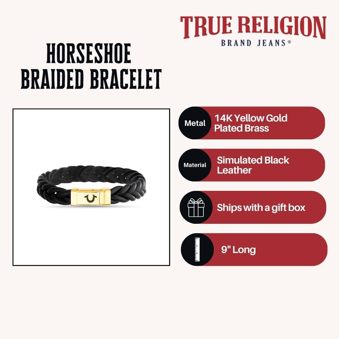 True Religion Simulated Black Leather Horseshoe 12mm Thick Braded ID Style 9 Inch Long Bracelet for Men 14K Yellow Gold Plated Brass - Image 3