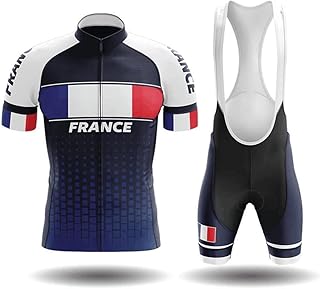 Maillot Cyclisme Homme Manches Courtes Drapeau de la France + Cuissard à Bretelles 5D Gel, Respirant et Confortable – Ensemble Tee-Shirt & Short Vélo Route ou VTT