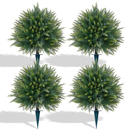 Yangrass 4PCS Artificial Cedar Topiary Ball Trees 23" for Outdoors with Ground Spike, UV Resistant Artificial Cypress Trees, Evergreen Shrubs Bushes Faux Plants for Front Porch Garden Backyard