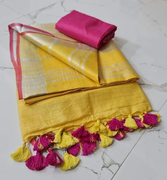 Image of STB-SILK TEXTILES BHAGALPUR Women's Linen Slub Saree With Contrast Blouse Piece
