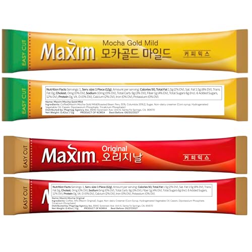 Korean Instant Coffee Mix &ndash; 50 Packets, 2 Flavors &ndash; Maxim Original & Mocha Gold Mild, 3-in-1 Coffee Sticks, Sweet & Creamy Instant Coffee Variety from Korea