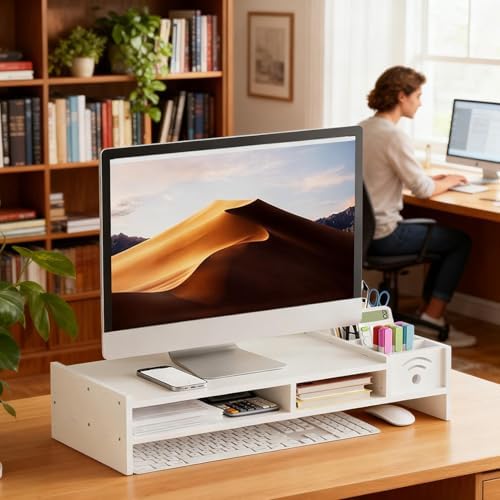 Genel masa monitörü için taban | 2 katmanlı masa rafı, 10,9 cm yüksekliğinde monitör rafı, depolama organizatörlü – ev ofis yatak odası için - Görsel 3