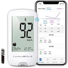 CareSens N Plus Bluetooth Blood Glucose Monitor Kit with 100 Blood Sugar Test Strips, 100 Lancets, 1 Blood Glucose Meter, 1 Lancing Device, Travel Case for Diabetes Testing Kit (Auto-Coding Glucometer kit with 1 Control Solution) for Personal Use