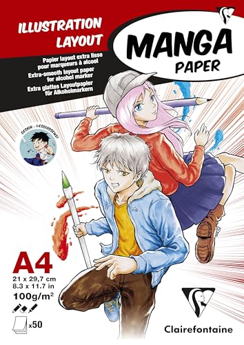 Clairefontaine 94042C Bloc Encollé Papier Manga et Illustration - 50 Feuilles Blanc Extra Lisse A4 21x29,7 cm 100g - idéal pour le Dessin au Feutre à Alcool