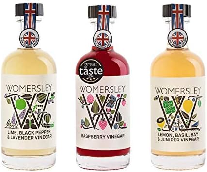 Womersley Vinegars Three Pack of fine fruit cooking and ingredient vinegars: Raspberry, Lemon Basil Bay and Juniper, Lime Black Pepper and Lavender (3 x 250ml bottles)