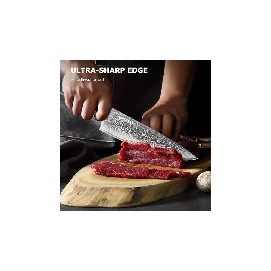 MOSFiATA Damascus Chef Knife Set 5PCS-Professional Sharp High Carbon VG10 Stainless Steel Chef's Knives Santoku Knife Bread Knife Utility Knife Fruit Knife with Finger Guard, Knife Sharpener Rod Gift