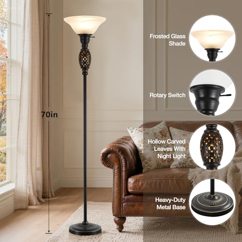 Vintage Floor Lamp with Nightlight, 70" Rustic Standing Lamp with Glass Shade, Victorian Style Tall Lamp Decor for Living Room Bedroom Study Home Office Corner (Bulb Included) - Image 3