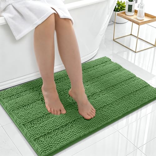 Image of Smiry Thick Chenille Bathroom Rugs 36x24, Extra Soft Absorbent Striped Bath Mat, Machine Washable, Rubber Backing, Bath Rugs for Bathroom, Tub & Shower, Home Decor Accessories, Olive Green