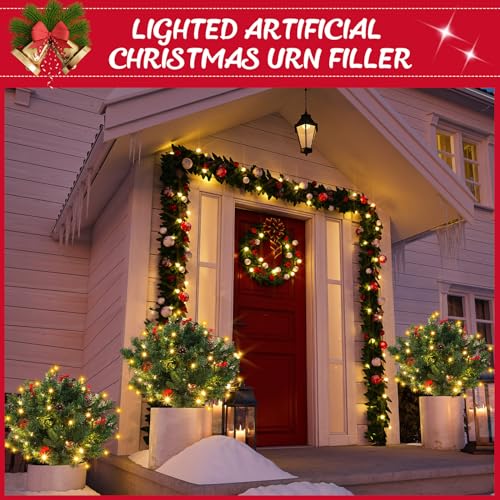 Hotop 3 Pack 18” Pre-lit Christmas Planter Filler Outdoor Christmas Tree Urn Fillers Decorations with Cones, Berries, Tripod Stake and LED Lights Realistic Artificial Planter for Holiday Decor by Hotop - Image 6