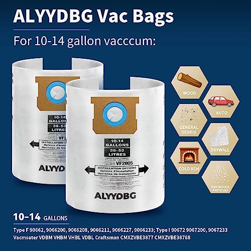 Image of 10 Pack Shop Vac 10-14 Gallon Vaccum Bags, ALYYDBG Type F 90662 9066200 9066233, Type I 90672 9067200, 9067211 Filter Bags