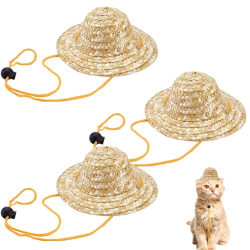 AHANDMAKER Lot de 3 mini chapeaux en paille naturelle réglable pour petit chien, animal domestique, costume funky pour fête en plein air, festival, décoration 13,4 x 5,7 cm