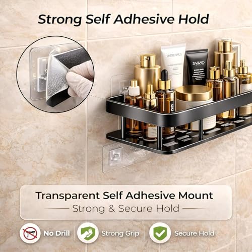 Image of TEKCOOL Bathroom Shelf Without Drill for Wall | Self Adhesive Bathroom Organiser | Wall Mounted Bathroom Shelves Rack | Strong Adhesive Storage Organizer Stand (Black, Pack of 2)